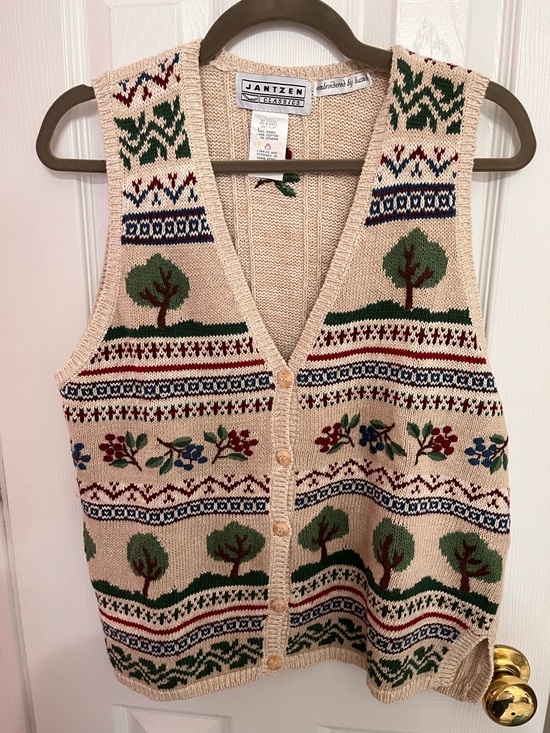 Jantzen Sweaters - Vintage Jantzen Cream Knit Button-Front Vest with Green Tree & Multicolor Motifs